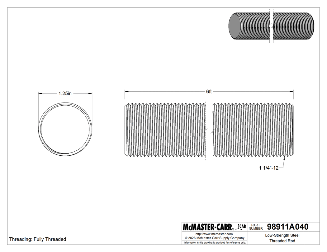 Technical Drawing of Low-Strength Steel Threaded Rod, 1-1/4"-12 Thread Size, 6 Feet Long.